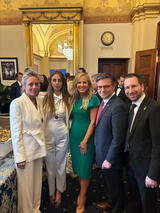 From left, Keren Scharf Schem; Mia Schem; Kelly Johnson, wife of the Speaker; House Speaker Mike Johnson; and Rabbi Shay Schachter of YU attend the State of the Union address at Congress on March 7.