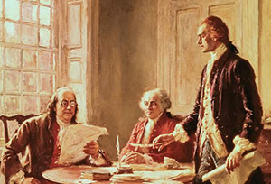 Image of John Adams and Thomas Jefferson reviewing a document