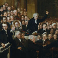 Painting of people sitting all together with one man standing and raising his hand