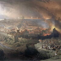 Painting of an ancient city with smoke and flames