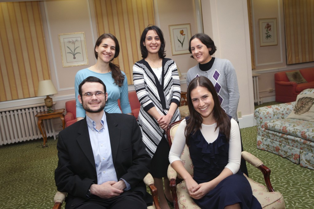 Standing: Ma'ayan Hachen, Nisim Tishbi and Aviva Gubin. Seated: Mordechai Kornbluth and Alex Michalowski.