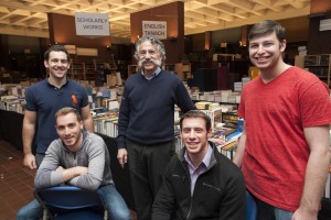 Sy Syms Professor Leonard Fuld (center) at the Seforim Sale with students in his "Managing a Growing Business" class