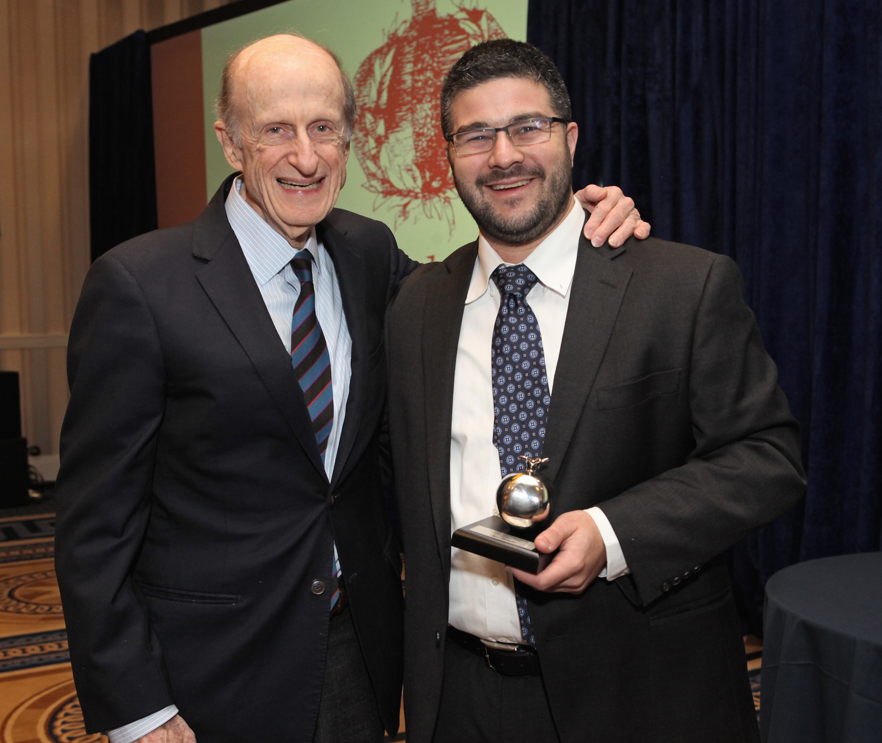Rabbi Yigal Sklarin (right), recipient of the Pomegranate Prize, with Eli Evans, chairman of the Covenant Foundation