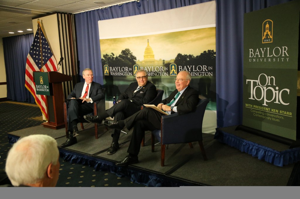 (L to R) Catholic University President John Garvey, President Joel and Baylor University President Ken Starr discussed the state of higher education and the calling of faith-based universities February 4 at the National Press Club in Washington, D.C. (Robert Rogers/Baylor Marketing and Communications)