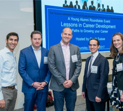 From left to right: Asaf Fligelman ’06SB, Darren Wolf ’02SB, Adam Lauer ’07SB, moderator Laizer Kornwasser ’92SB and Teresa Bayewitz ’06S