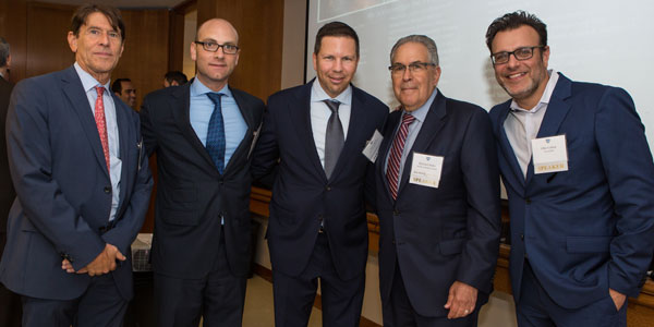 (l-r): Paul Travis (Washington Square Partners), Michael Ridloff (Vanke Holdings USA LLC), Jason Muss ’93YC (Muss Development LLC), moderator Michael Stoler (The Stoler Report), and Ofer Cohen (TerraCRG)
