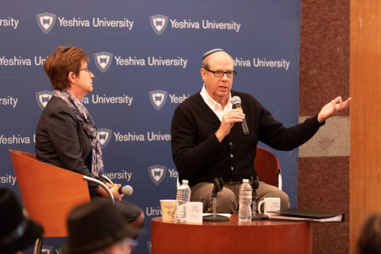 Dr. Danielle Wozniak, Dorothy and David Schachne Dean, and Stephen Tobolowsky at the Wurzweiler Care Cafe