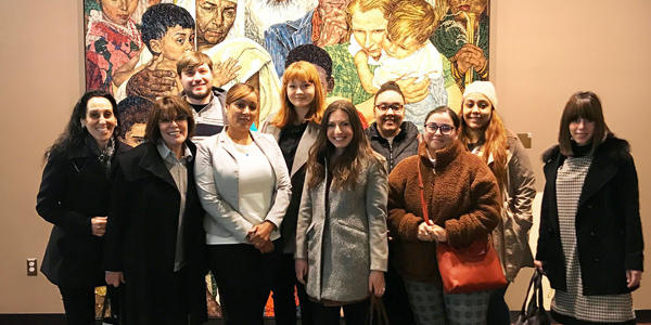 Wurzweiler group photo from UN Day-(l-r): Dr. Jill Becker, Dr. Lynn Levy, Ben Mason, Alicia Gomez, Kinga Pieta, Kara Landsman, Chelsea Rodriguez, Valentina Rosales, Karina Disla, Miriam Spierer. Missing: Mirel Baumgarten, Will Parker, Shoshana Sochacrewski, and Vernita deLoatch. 