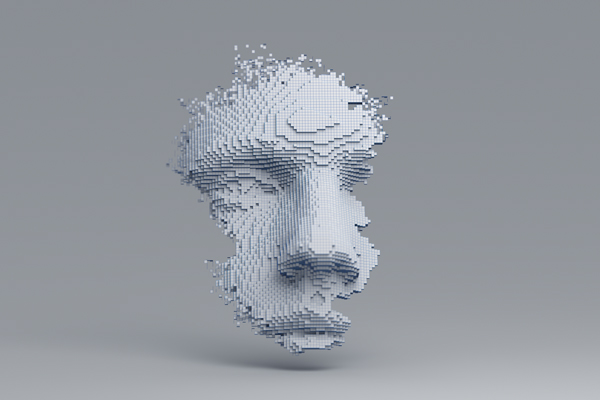 Abstract human face. 3D illustration of a head constructing from cubes. Artificial intelligence concept.