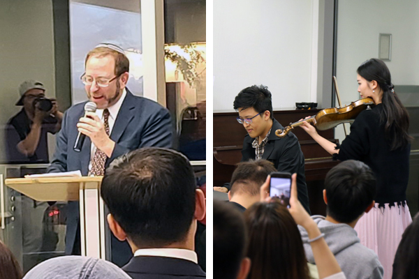 Dr. Mordechai Cohen addresses the crowd in Chinese and English, and two performers grave the evening.