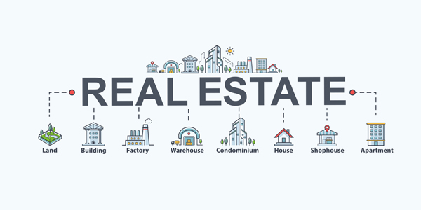 Real estate banner web icon for property and investment. Land, building, factory, warehouse, condominium, shophouse and apartment. Minimal vector infographic.