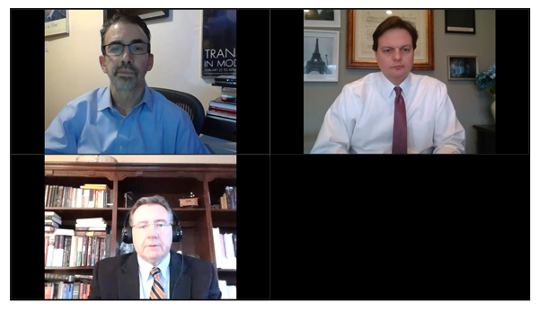 Zoom meeting: Dr. James Kahn (upper left), Kevin Kliesen (bottom left), Donald Rissmiller, Moderator (upper right)