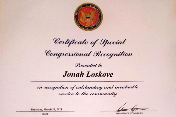 Certificate of appreciation for Jonan Loskove