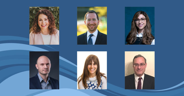 Headshots of Professor Elyse Granik, Rabbi Shay Schachter, Professor Shaina Trapedo, Professor Anderson Oliveria, Professor Rachel Besser and Rabbi Dr. Richard Weiss against a blue background