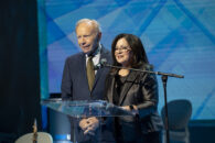 Anita Zucker and Senator Joseph Lieberman presenting at Yeshiva University’s 98th annual Hanukkah Dinner.